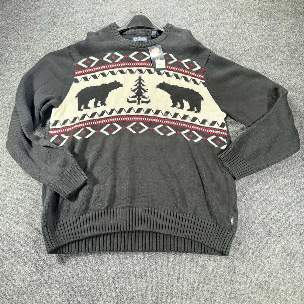 Chaps Bear Sweater Mens XL Black Red Lodge Fair Isle Cotton Knit‎ Pullover NWT